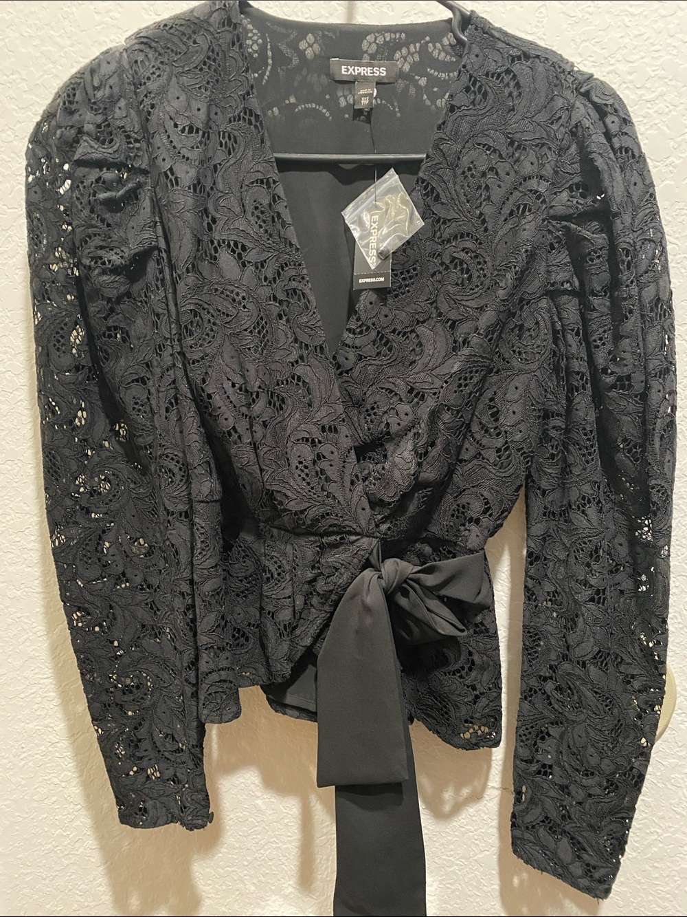 Express Black Lace Wrap Blouse with Tie